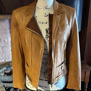 DIANE VON FURSTENBERG Buttery Soft Moto-Inspired Leather Jacket, Camel, Sz 4-6